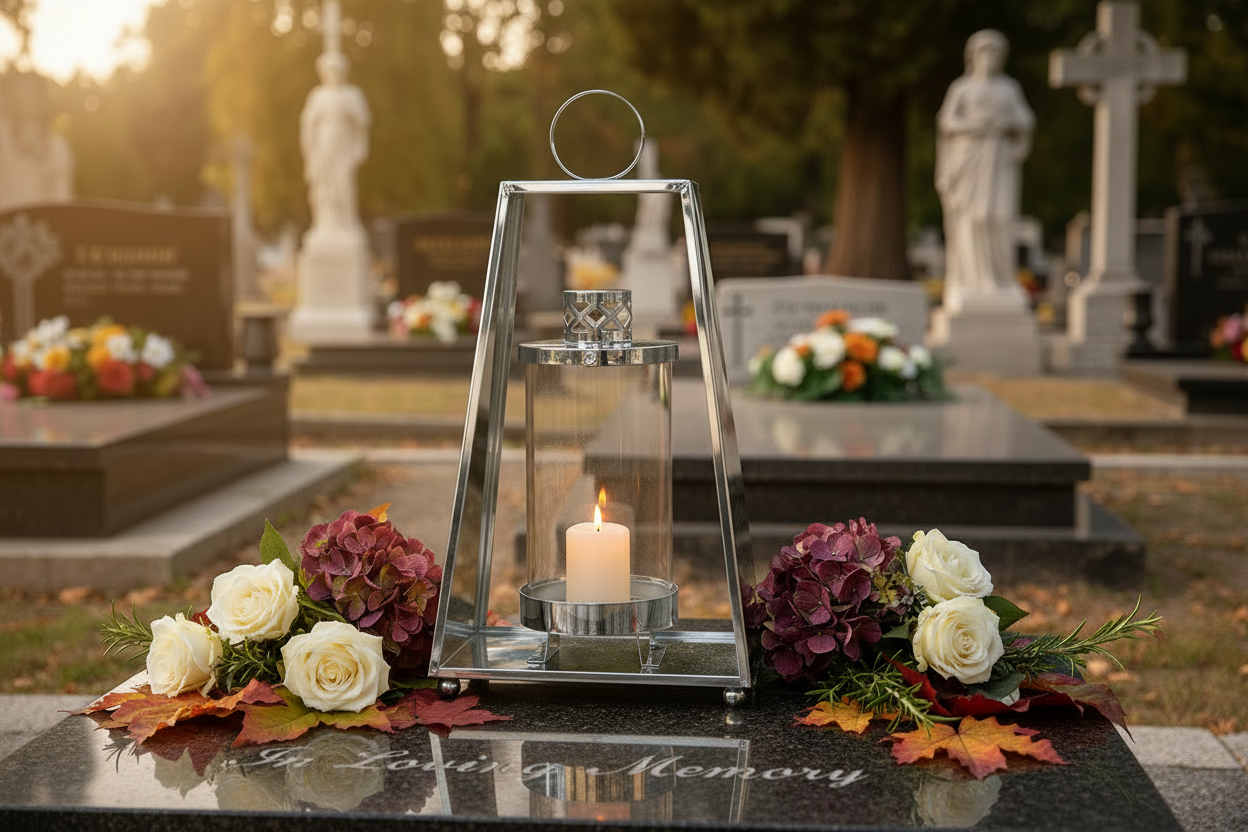 Srebrny znicz glamour na grobie