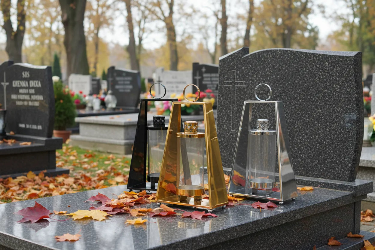 Znicze trapezowe na cmentarzu - jesień